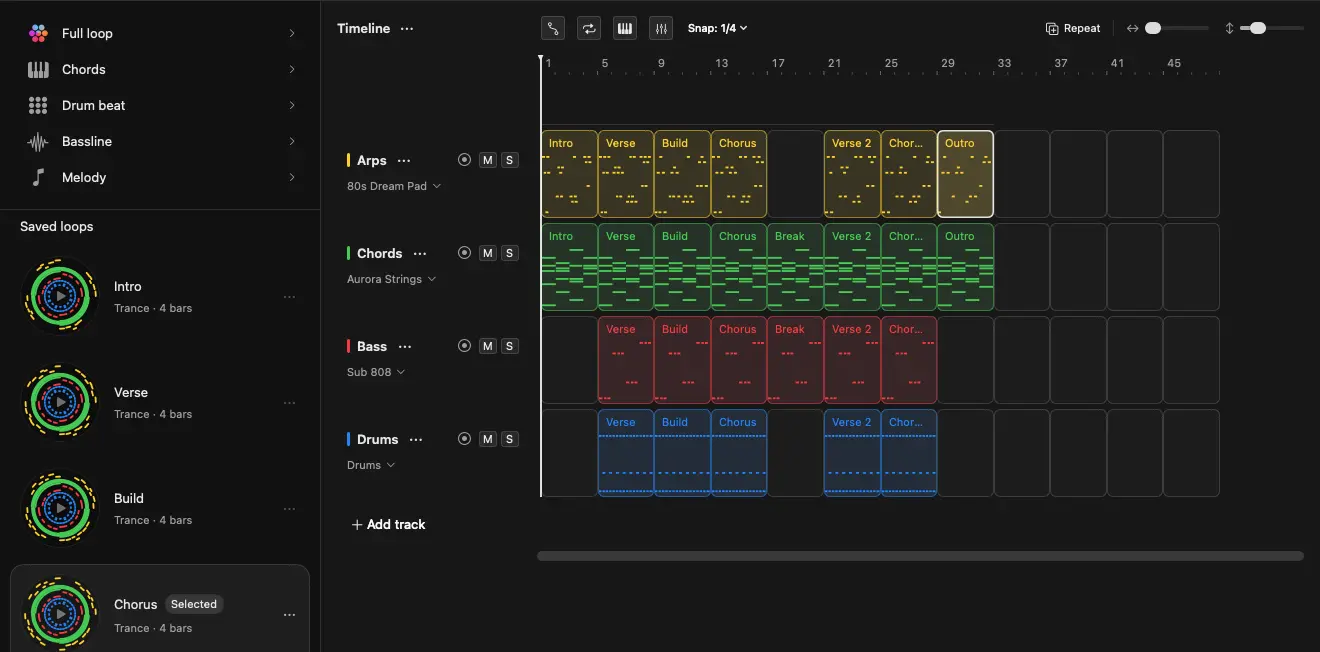 Songen Mac arrangement with lead, chords, bass, and drums across song sections