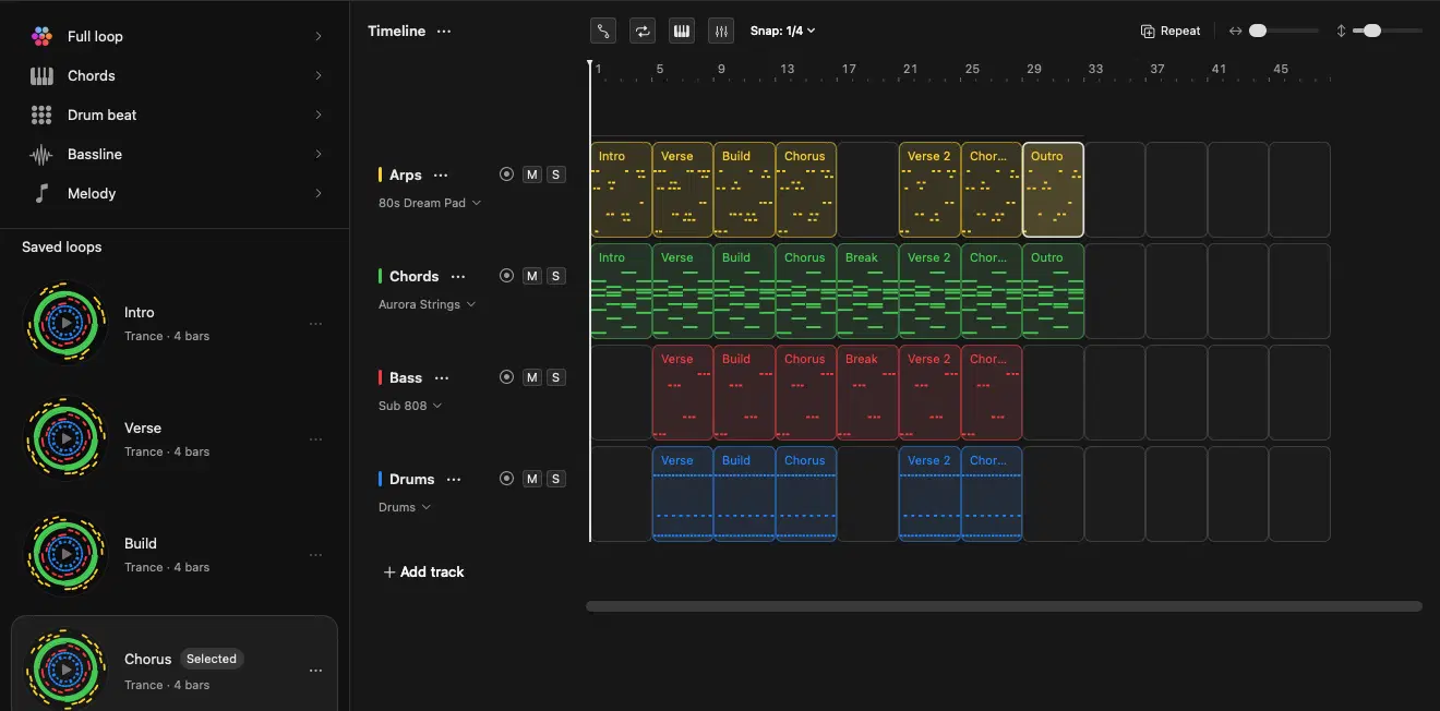 Songen Mac arrangement with lead, chords, bass, and drums across song sections