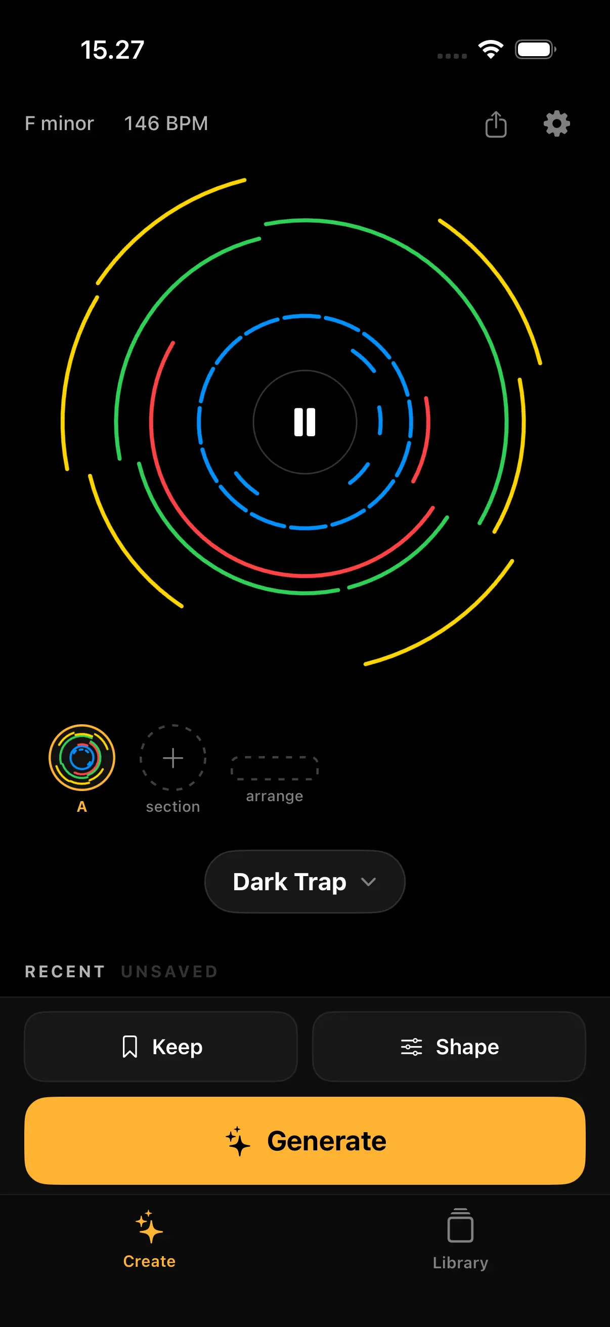 Songen on iPhone: a Dark Trap loop playing as a circular visualizer, with the Generate button below