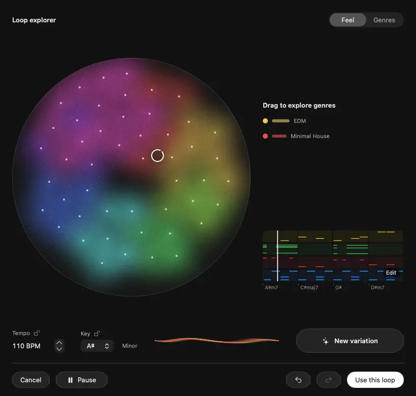 Songen Mac loop explorer with a genre map, editable notes, and variation controls