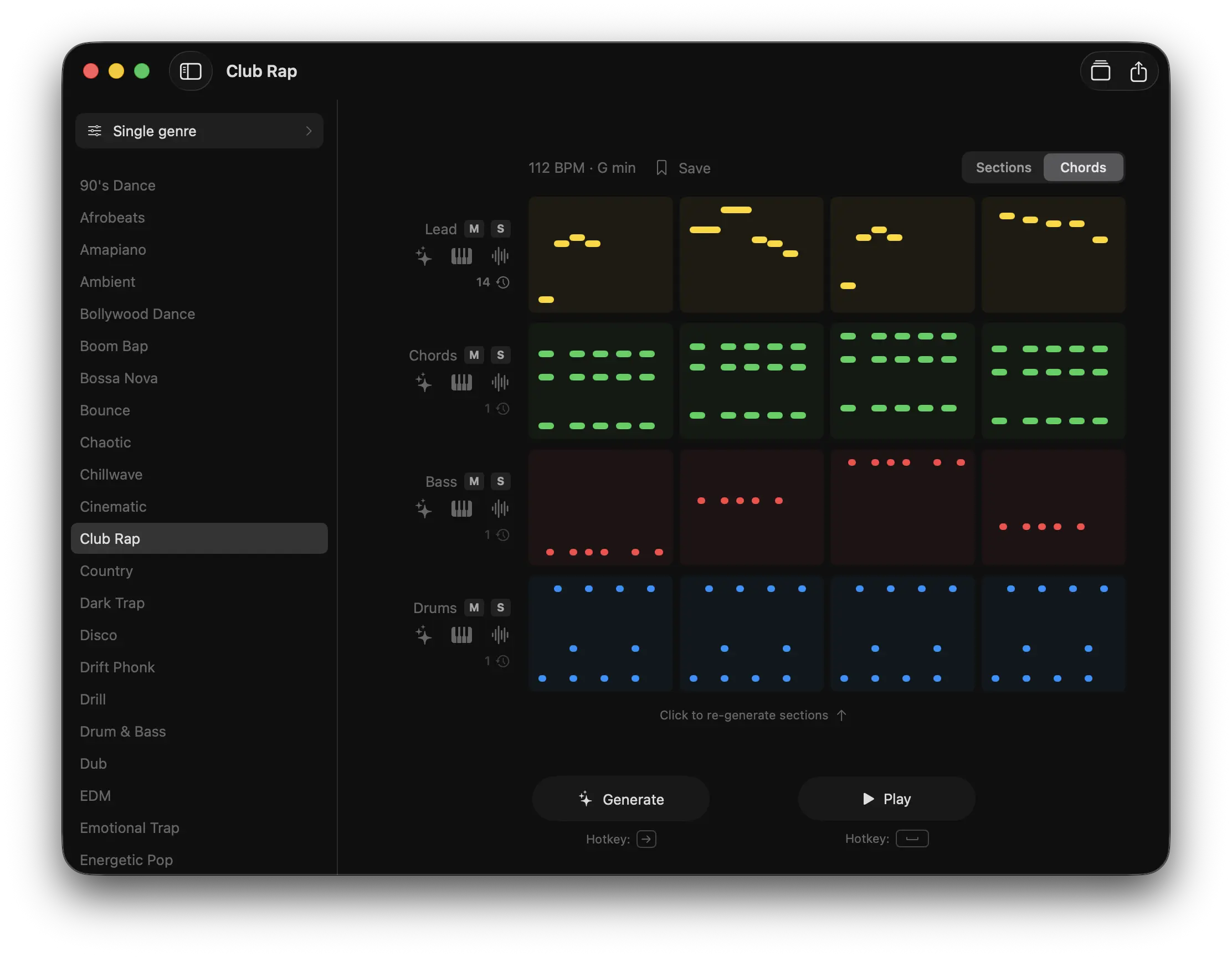Songen on Mac: the Club Rap style selected, with generated lead, chord, bass, and drum sections shown as colored note blocks