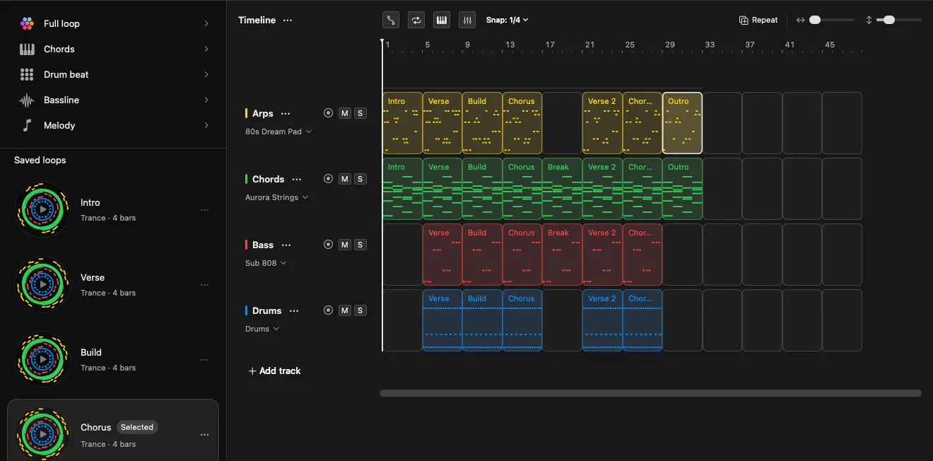 Songen on Mac: multi-track timeline with editable lead, chord, bass, and drum clips